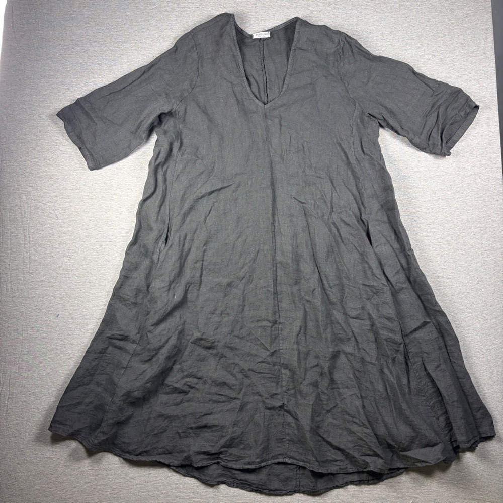 Puro Lino Dress OS Charcoal Grey Linen V-Neck Midi Lagenlook Made in Italy